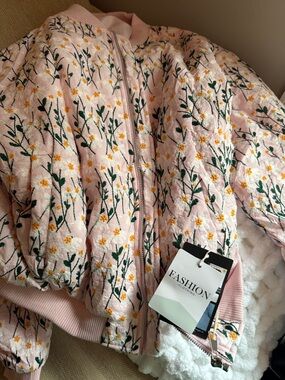 Pink Floral Embroidered Bomber Jacket